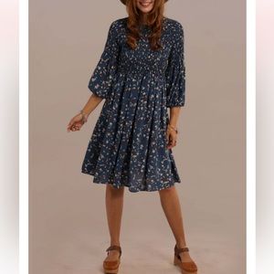 Blue 3/4 Length Sleeve Round Neck Natural Floral Midi Dress